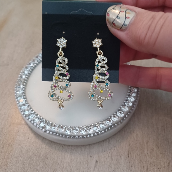 Gold Rhinestone Christmas Tree Star Drop Stud Earrings - Picture 3 of 7